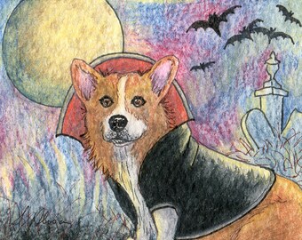 Welsh Corgi dog 5x7 and 8x10 signed art print poster Halloween Dracula vampire costume happy howloween from Susan Alison watercolor painting