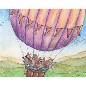 Welsh Corgi dog signed art print 5x7 & 8x10 inches from Susan Alison watercolour painting way up there in a hot air balloon sky view flight