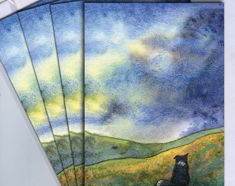 4 x border collie dog greeting cards sheepdog gazing at view scenic landscape Scottish hills after the storm from a Susan Alison painting