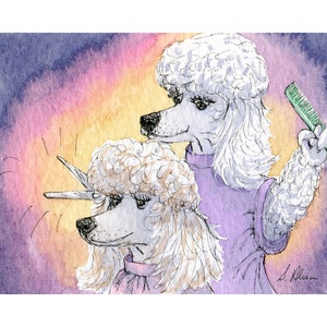 Poodle dog 5x7 & 8x10 art print from a watercolour painting by Susan Alison scissor happy hairdresser cosmetology licence beauty treatment
