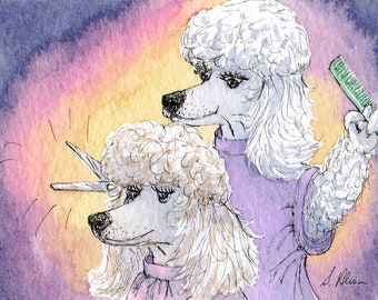 Poodle dog 5x7 & 8x10 art print from a watercolour painting by Susan Alison scissor happy hairdresser cosmetology licence beauty treatment