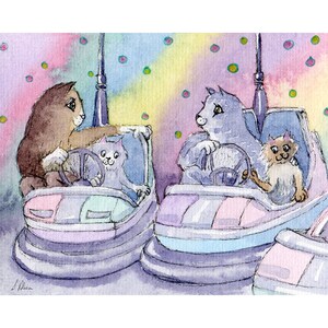 Cat kitten silver tabby 5x7 8x10 inch signed prints from a Susan Alison painting me and my dad at the fair on the dodgem cars bumper rivalry