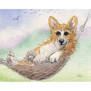 relaxing in a hammock Welsh Corgi dog 8x10 & 5x7 print from Susan Alison watercolour painting waiting to be served with a summer cocktail
