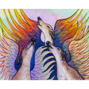 Greyhound whippet dog 5x7 8x10 art print angel wings in heaven flying high from watercolour painting by Susan Alison angels singing howling