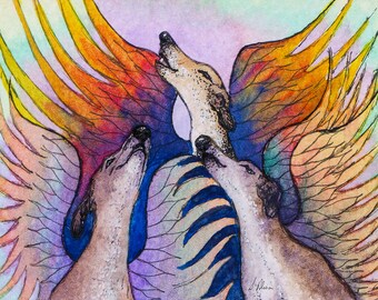 Greyhound whippet dog 5x7 8x10 art print angel wings in heaven flying high from watercolour painting by Susan Alison angels singing howling