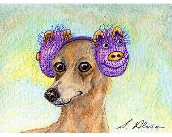 whippet greyhound earmuffs 8x10 5x7 inch print poster from a Susan Alison watercolour painting lurcher galgo IG dog wearing muffs cold ears