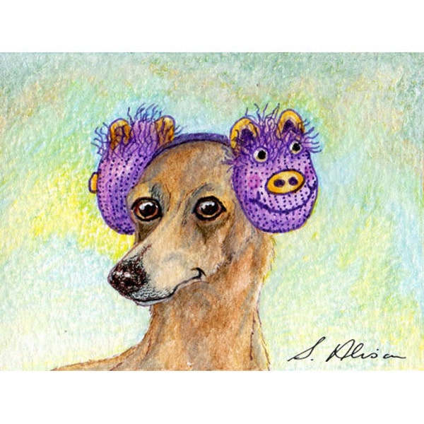 whippet greyhound earmuffs 8x10 5x7 inch print poster from a Susan Alison watercolour painting lurcher galgo IG dog wearing muffs cold ears