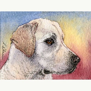 Labrador retriever 5x7 and 8x10 inch signed art print poster from a Susan Alison watercolour painting yellow lab guide dog thoughtful face image 1