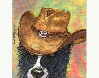 Border Collie dog 8x10 and 5x7 art print poster Howdy Ma'am Western film movie from a Susan Alison watercolour painting sheepdog in hat