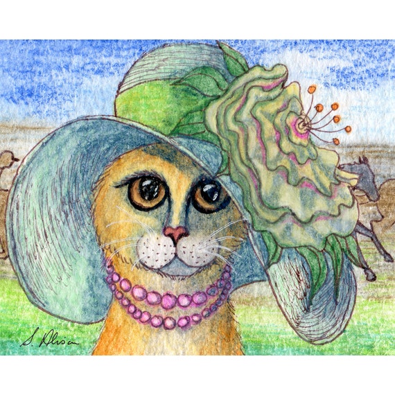 Ginger tabby cat in hat 8x10 and 5x7 inch signed art print poster from a Susan Alison watercolour painting Derby races floral posh outfit