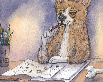 Welsh Corgi dog 5x7 & 8x10 art print writing by hand pen and paper writer author novelist composing letter from a Susan Alison painting