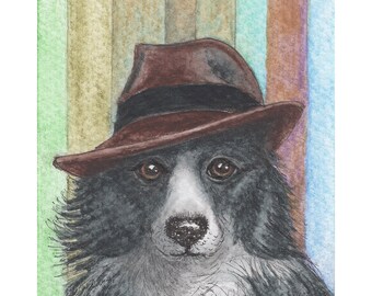 Border Collie dog 5x7 and 8x10 art print from a Susan Alison painting sheepdog his favoured fedora hat head gear soft brim indented crown