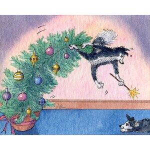 Border collie dog art 8x10 5x7 inches signed art print poster Christmas tree fairy fun from a Susan Alison watercolour painting sheepdog