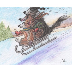 8x10 & 5x7 print gang poster from a Susan Alison watercolour painting dogs corgi greyhound Border collie friends pals sledge sledding snow