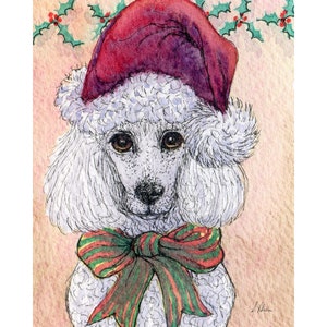 White poodle dog 5x7 and 8x10 art print poster from a Susan Alison watercolour painting Christmas Santa hat standard toy holly ribbon bow