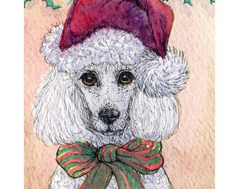 White poodle dog 5x7 and 8x10 art print poster from a Susan Alison watercolour painting Christmas Santa hat standard toy holly ribbon bow
