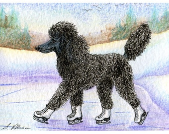 Black Poodle ice skating 5x7 and 8x10 inch art print poster standard dog skater figure on ice from a Susan Alison watercolor painting boots