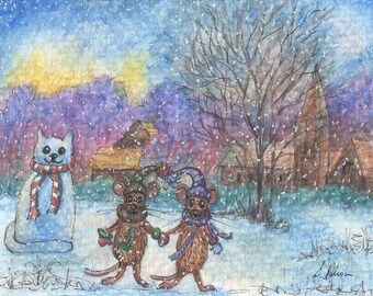 mice mouse 5x7 & 8x10 print poster from a Susan Alison watercolour painting snowy landscape winter snowman cat kitty winter village trees
