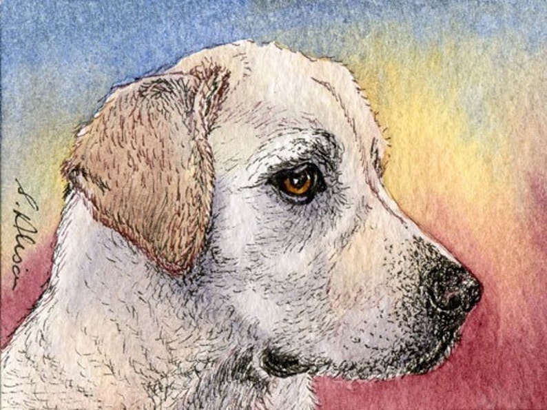 Labrador retriever 5x7 and 8x10 inch signed art print poster from a Susan Alison watercolour painting yellow lab guide dog thoughtful face image 2