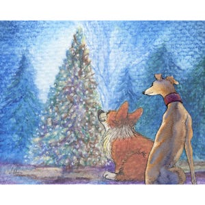 Whippet greyhound dog with his corgi pal print 5x7 & 8x10" lurcher sighthound from a Susan Alison watercolour painting Christmas tree friend