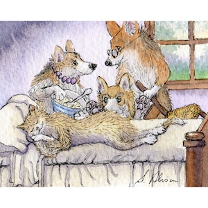 Welsh Corgi dog cat 5x7 and 8x10 art prints from a watercolour painting by Susan Alison Goldilocks and the three bears porridge fairy tale