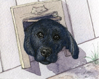 Black Labrador retriever dog signed 8x10 inch print head through catflap black lab puppy taken from watercolor painting by Susan Alison