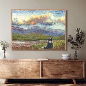 The Hills Are Calling – Border Collie Watercolour | Printable Wall Art | Landscape Dog Painting | Digital Download | Susan Alison | Sheepdog