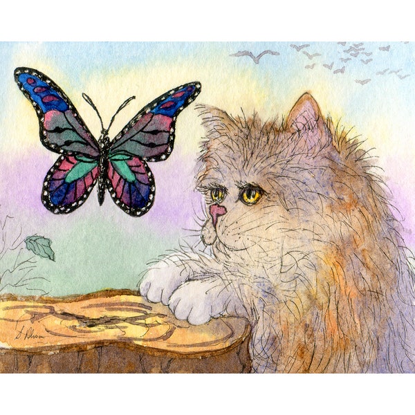 Cat kitten butterfly art print - to pounce or not to pounce - is it edible from a Susan Alison watercolour painting insect is it a snack yum