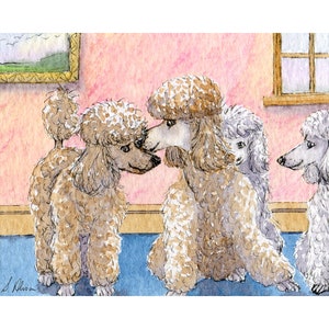 Poodle dog 5x7 and 8x10 inch art print from watercolour painting by Susan Alison sharing telling secrets gossip tales white apricot standard
