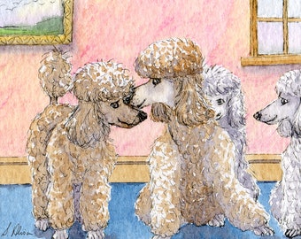 Poodle dog 5x7 and 8x10 inch art print from watercolour painting by Susan Alison sharing telling secrets gossip tales white apricot standard