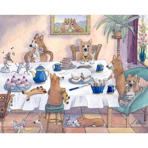 Pembroke Welsh corgi dog pups 5x7 8x10 art print friends for tea cupcakes sandwiches & cake mice singing mouse from a Susan Alison painting