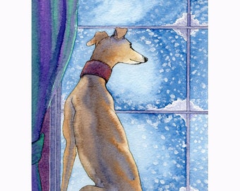 Whippet greyhound dog 5x7 and 8x10 art print poster snowfall snow falling galgo lurcher from a Susan Alison painting looking out window