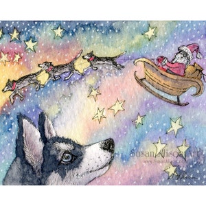 Siberian husky dog 5x7 and 8x10 inch art print Christmas holiday Xmas season sibes sled dogs Santa's sleigh from a Susan Alison painting