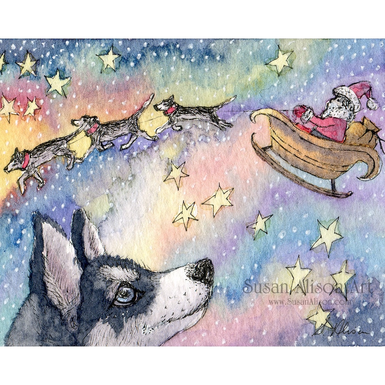 Siberian husky dog 5x7 and 8x10 inch art print Christmas holiday Xmas season sibes sled dogs Santa's sleigh from a Susan Alison painting image 1