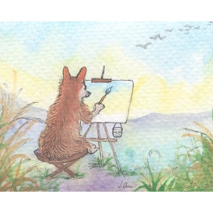 Welsh Corgi dog 5x7 and 8x10 prints artist painting en plein air in watercolour landscape from a Susan Alison painting