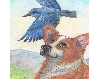 Welsh Corgi dog 5x7 / 8x10 signed art print from a watercolour painting by Susan Alison may the blue bird of happiness fly over and not miss