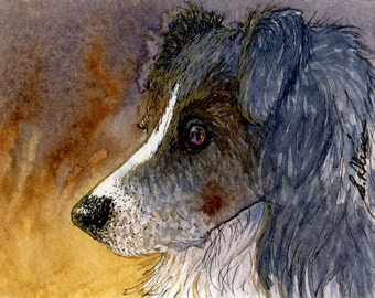 Tri Border collie dog 5x7 & 8x10 inch art print poster in the firelight tricolor sheepdog from a Susan Alison watercolour painting fire glow