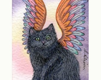 Black cat 5x7 8x10 art print poster butter wouldn't melt angels wings fairy angelic face from a Susan Alison watercolour fantasy picture
