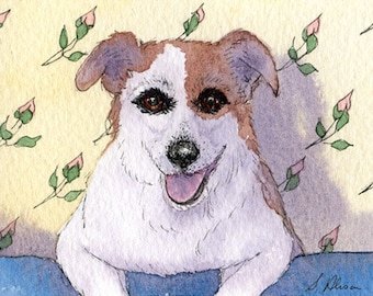 Jack Russell terrier dog pup on sofa (where else) 5x7 8x10 print poster from a Susan Alison watercolour painting couch settee lounge pupper