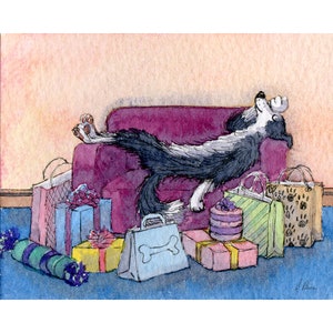 Border collie dog 5x7 and 8x10 art prints shopping was such hard work sales bags and boxes bargains from a Susan Alison watercolor painting