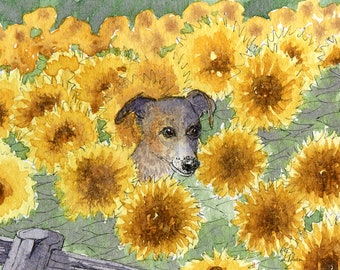 Whippet greyhound dog 5x7 and 8x10 signed art prints poster from watercolour painting by Susan Alison flowers sunflower Kansas floral yellow