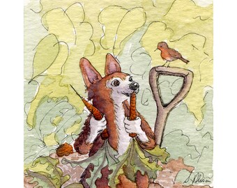 Pembroke Welsh Corgi 5x7 / 8x10 signed art print pup from a Susan Alison painting eating carrots in the garden like Peter rabbit Potter