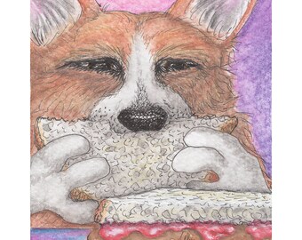 Pembroke Welsh corgi dog pup puppy 5x7" 8x10" art print poster sable from Susan Alison watercolor painting peanut butter and jelly sandwich