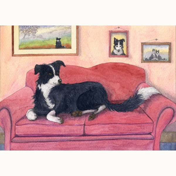 Border Collie dog sofa 5x7 8x10 inches art print poster sofa loafer couch potato getting comfortable from Susan Alison watercolor painting