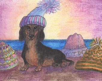 Dachshund dog 8x10 5x7 art print poster from Susan Alison painting Weiner Doxie sausage dog trying to decide which woolly hat to wear dachs