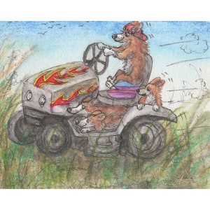 Pembroke Welsh Corgi dog 5x7 & 8x10 art print poster from Susan Alison painting riding lawn mower ride-on mowing lawn friends playing season