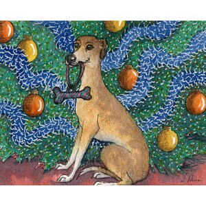 Galgo IG Whippet greyhound dog Xmas present bone 8x10 and 5x7 print poster from a Susan Alison watercolor painting tree decoration baubles