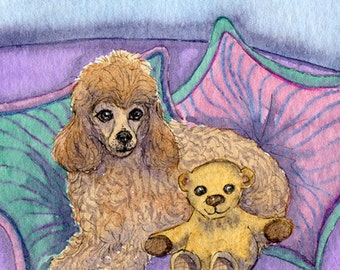 Poodle and teddy bear friends 5x7 and 10x8 inches print poster from a watercolour painting by Susan Alison on the sofa pals keeping company