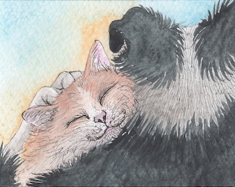 Affiche de chien Border Collie 5 x 7 et 8 x 10 affiche chat roux d'une peinture à l'aquarelle de Susan Alison câlin votre chat tous les jours réconforter un ami