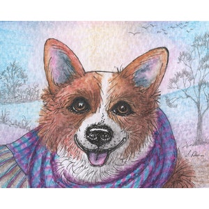 new scarf Welsh Corgi dog 5x7 and 8x10 art prints poster from a Susan Alison watercolour painting winter collection of scarves snowy weather